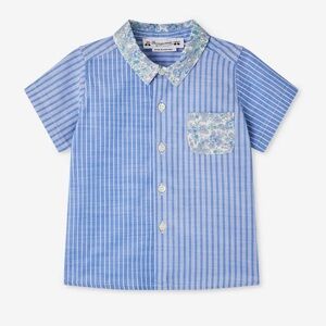 Bonpoint Blue Striped Short-Sleeve Button-Down with Floral Trim